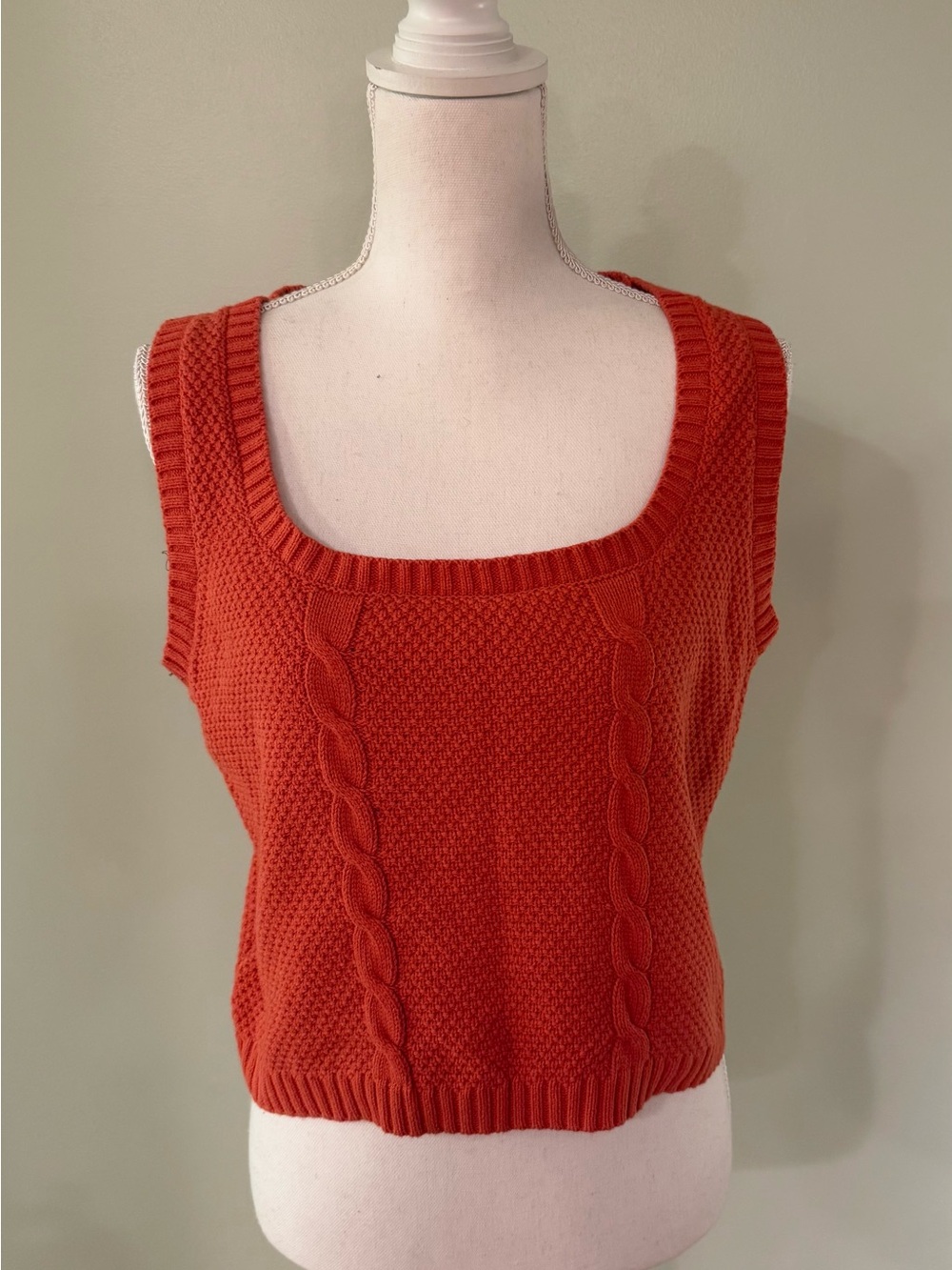 Sleeveless Cable-Knit V-Neck Sweater Tank in Burnt Orange